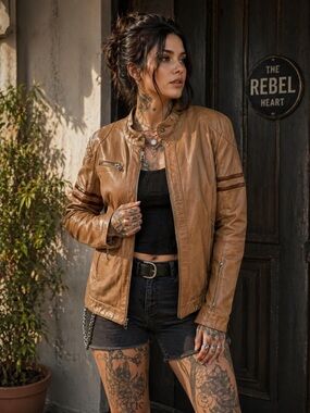 Danier Ladies Tan Leather Moto Jacket - Size Large